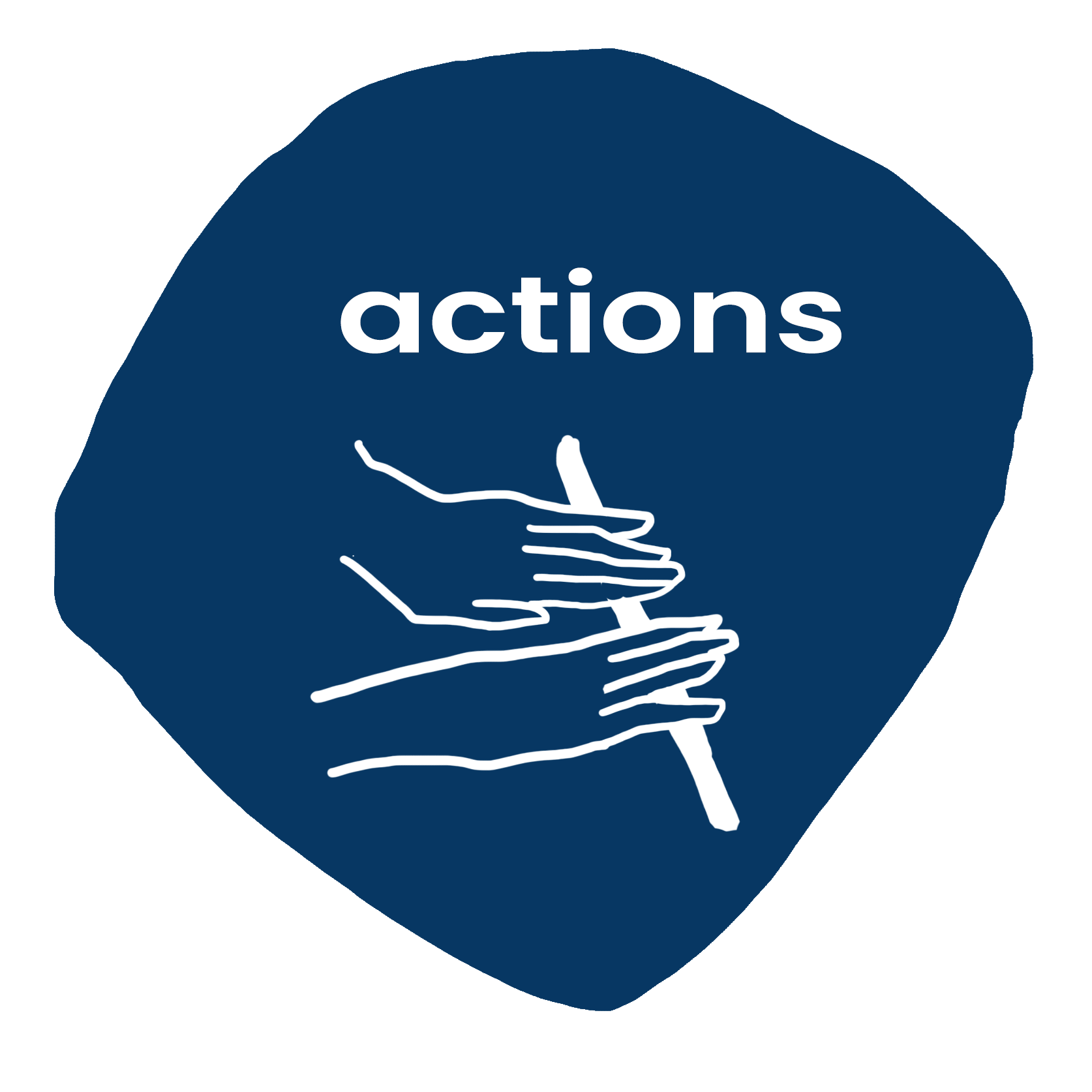 Diamond shape button that says ‘actions&amp;amp;#039; with a drawing of two hands rolling a stick. Click this to go to the ‘actions’ page.