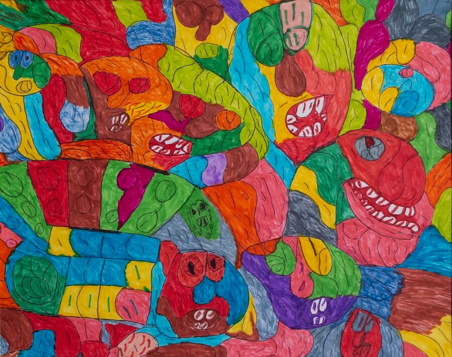 Several faces with open mouths revealing white teeth, concealed within shapes of colours outlined in black pen