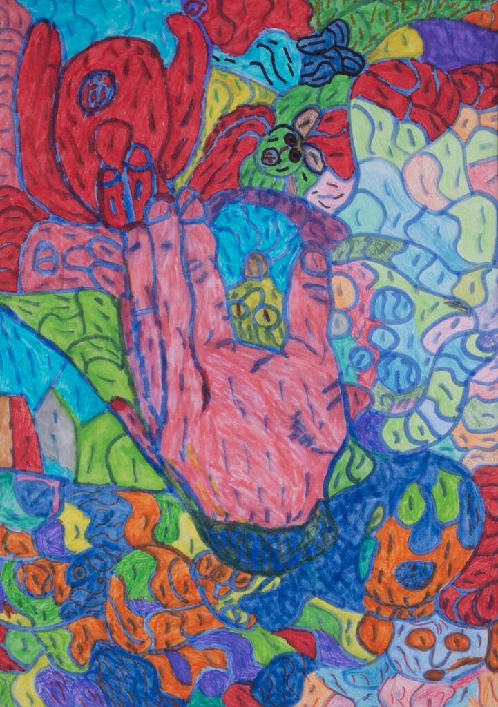 A large pink cupped hand with fingers pointing upwards is surrounded by multi-coloured shapes with hidden faces and blue outlines