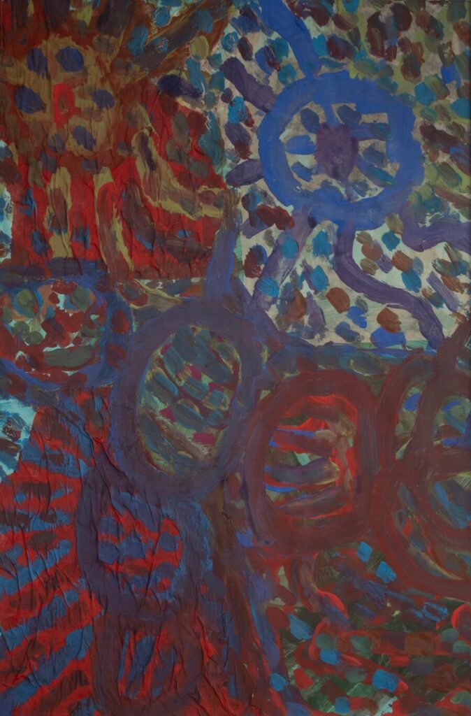Blue and purple circles with lines connecting to larger circles filled with blue, red, and brown dots on paper and tissue collage