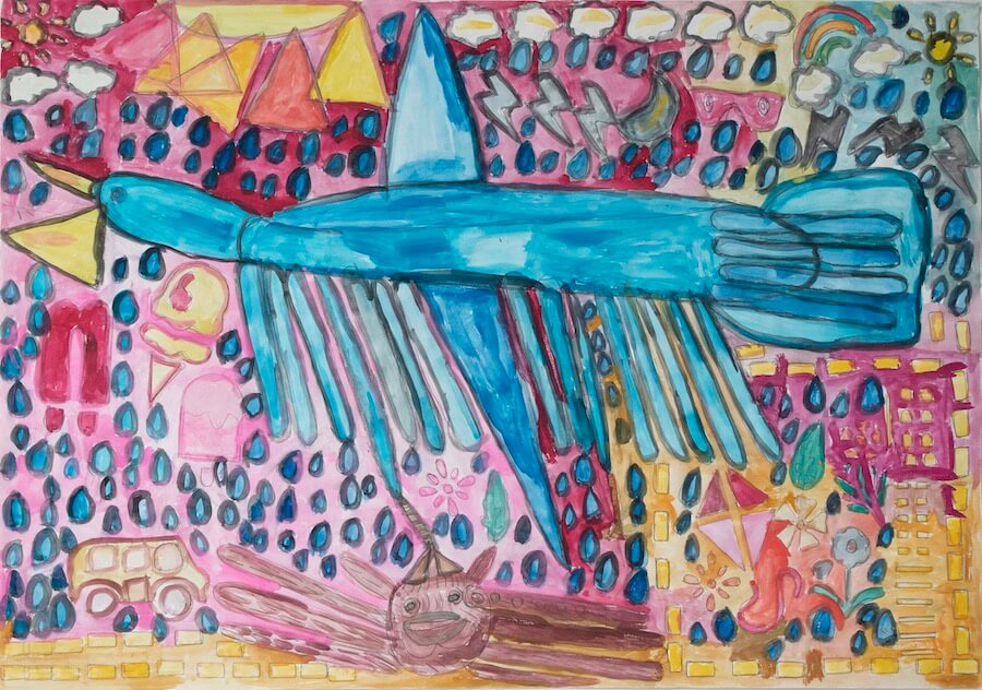 A flying blue bird surrounded by different types of weather, a yellow sun, a brown spider, a small car, and flowers