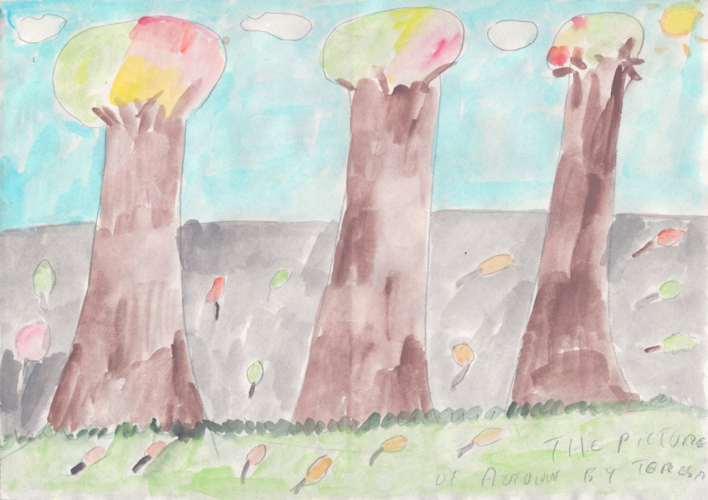 Three thick-trunked trees with autumn leaves stand in a sunny green field, their leaves falling